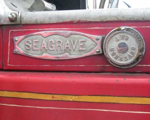 Closeup of the Seagrave logo on a fire engine